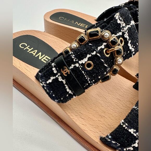 Chanel CC Logo Tweed Flat Wooden Slip -On Mules Sandals In Black  EU 39 US 8-8.5 - Picture 11 of 11